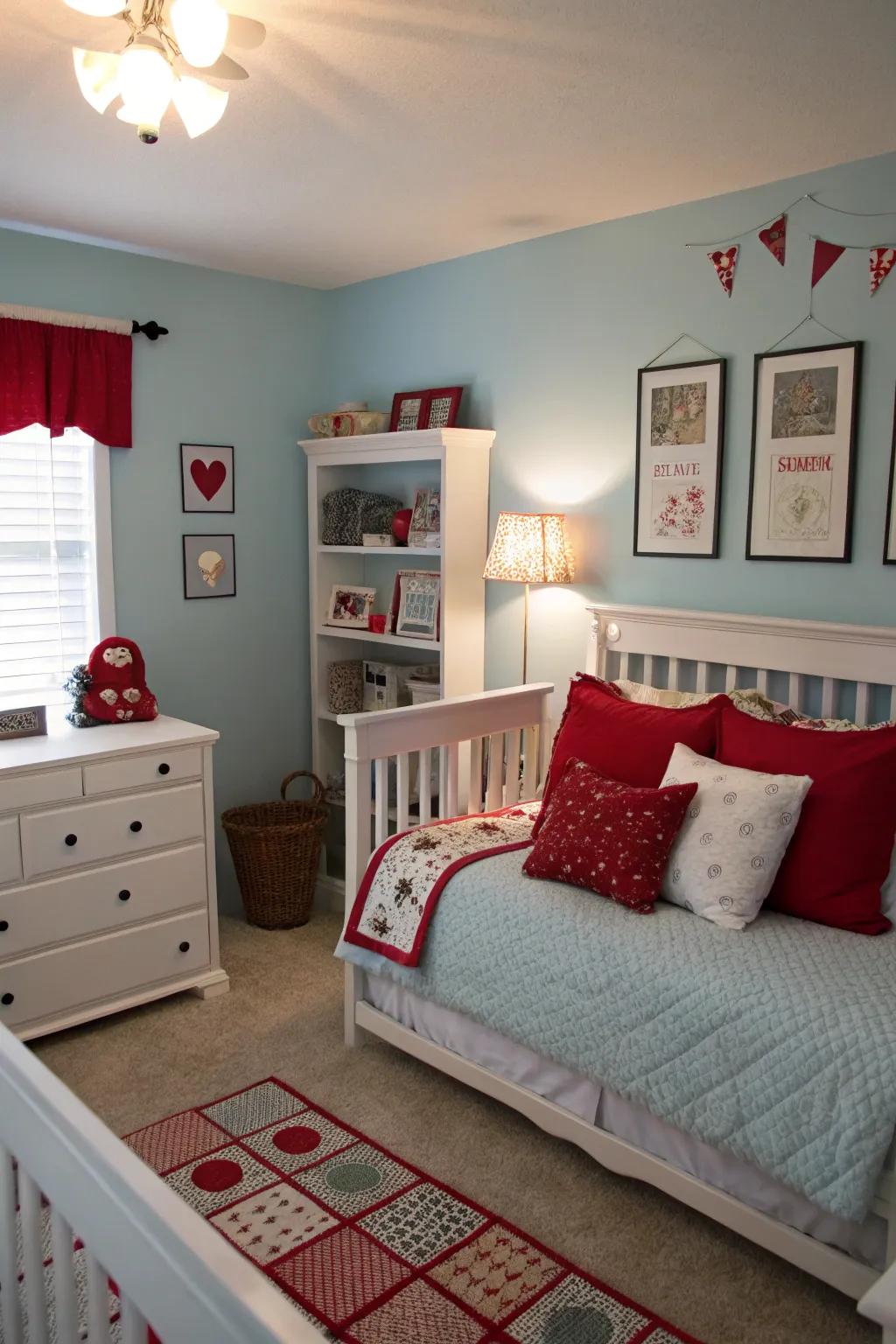 Bright crimson accents introduce a dynamic vibe to an azure bedroom.