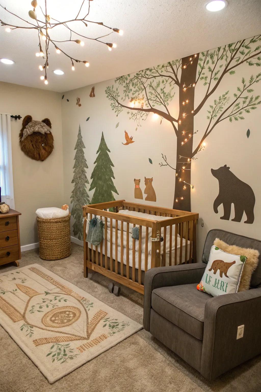 Immerse yourself in nature through a forest-themed nursery radiating earthy allure.