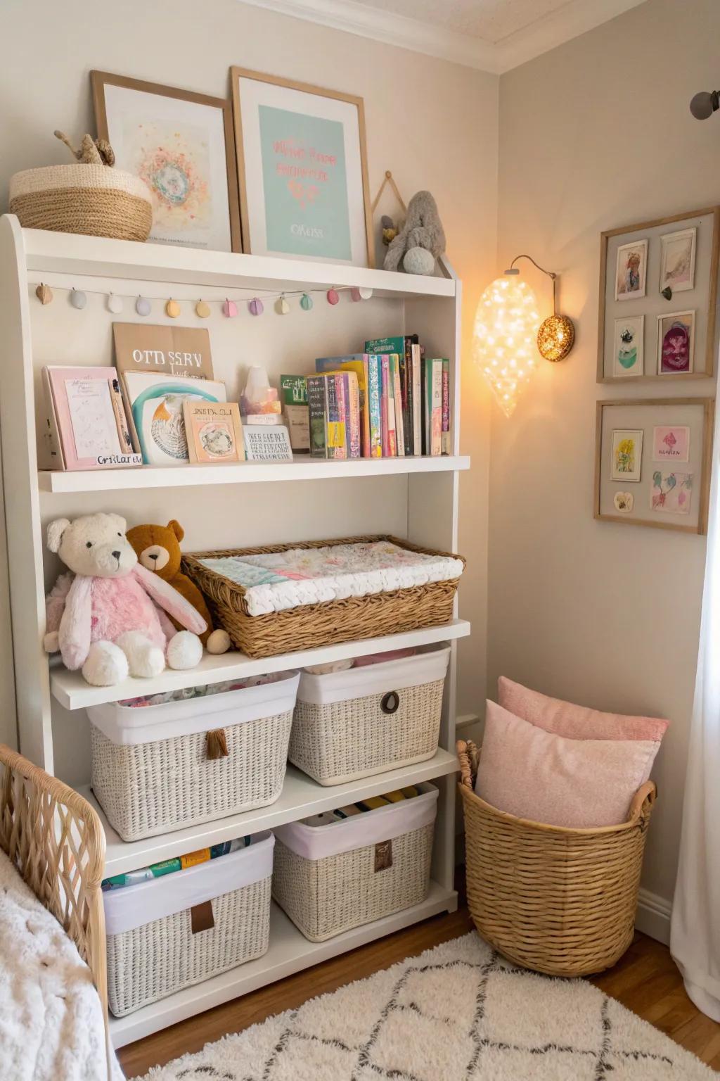 Smart storage solutions ensure the baby space remains tidy and organized.