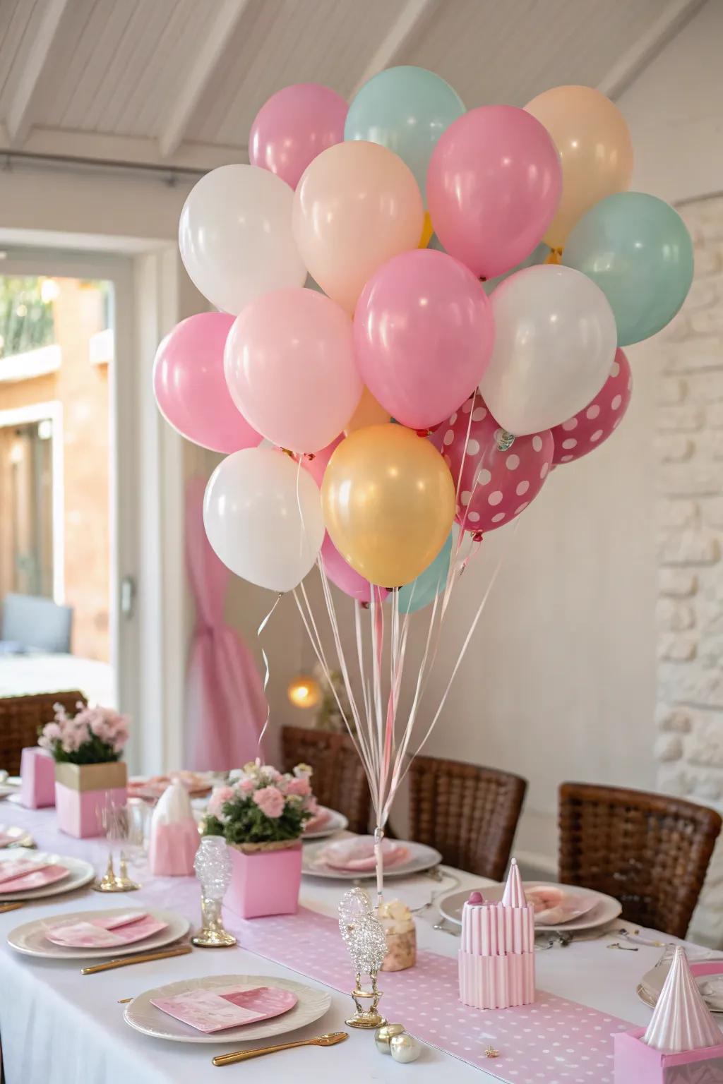 Playful balloon bouquets adding dimension and enjoyment.