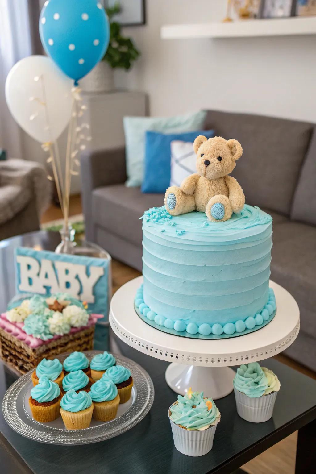 Lovely buttercream cake with a delightful stuffed animal decoration.