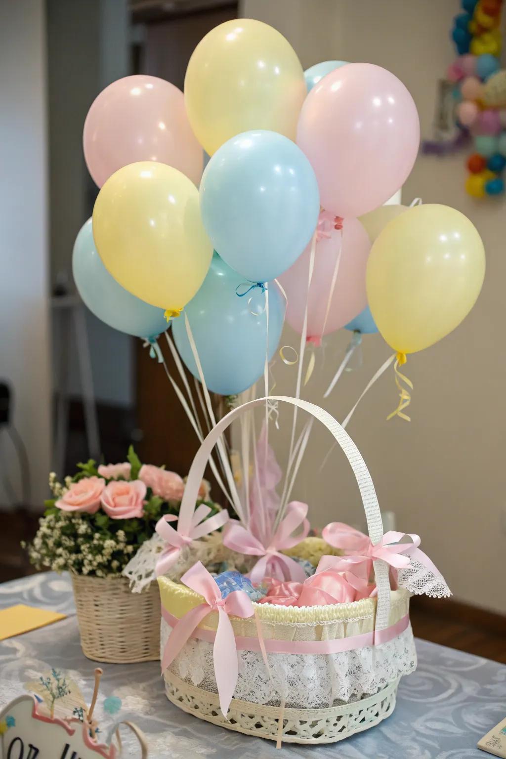 Pastel balloon bundles introduce vibrancy and amusement.