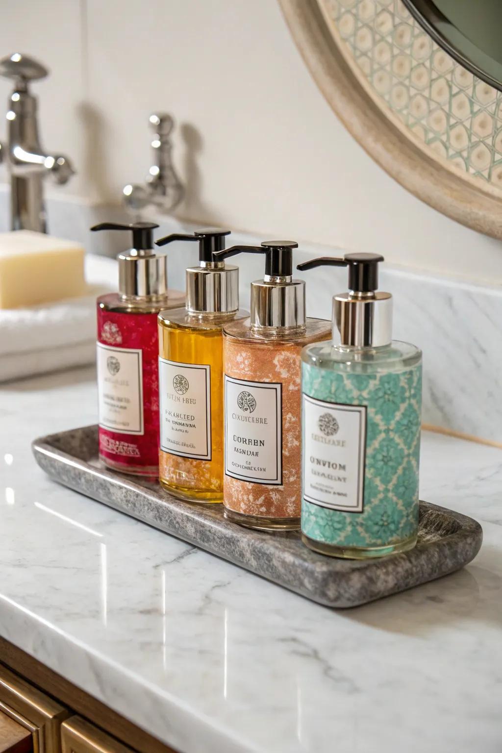 Elegant soap dispensers offer a hint of everyday opulence.