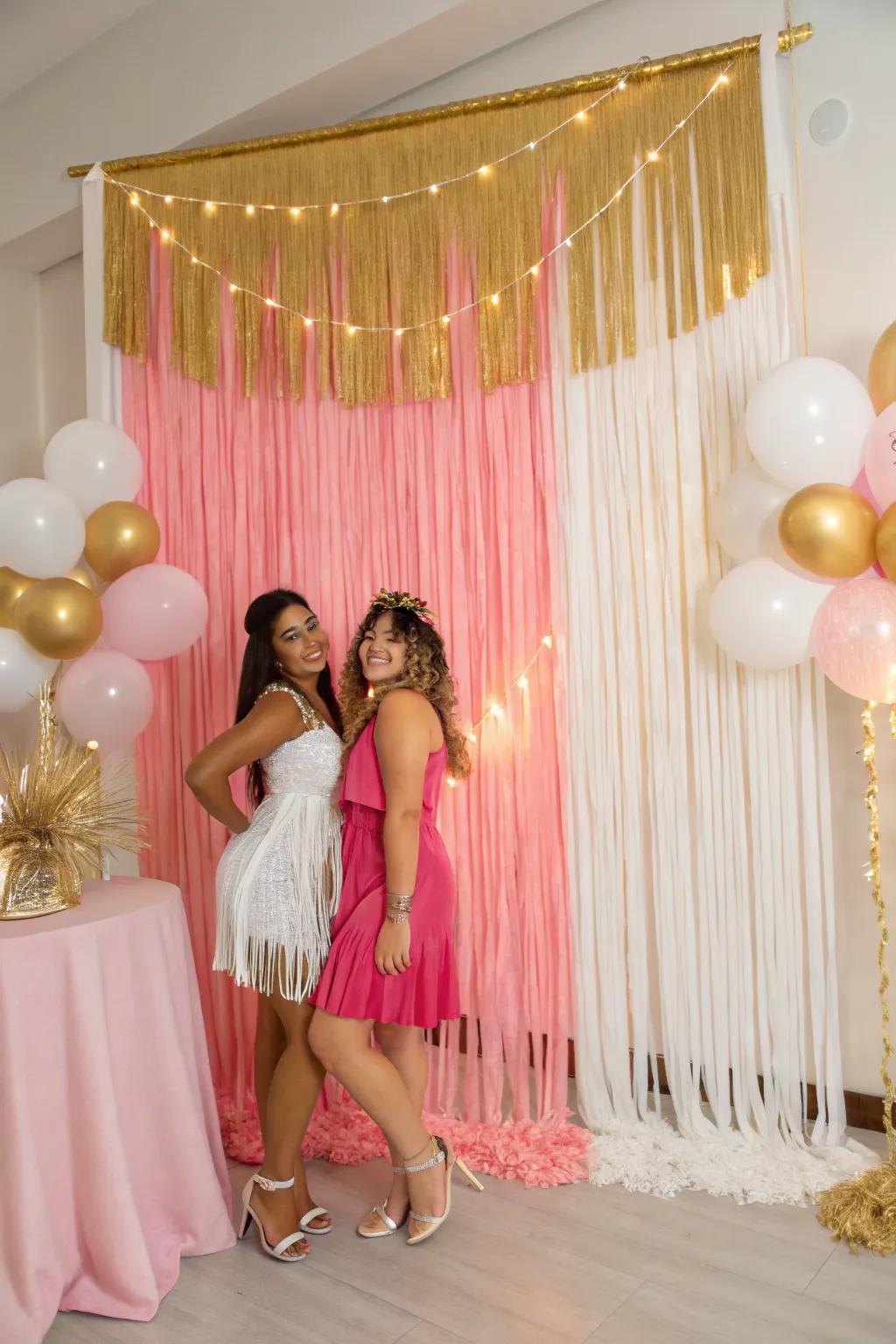 A striking tinsel backdrop featuring pink, gold, and white.