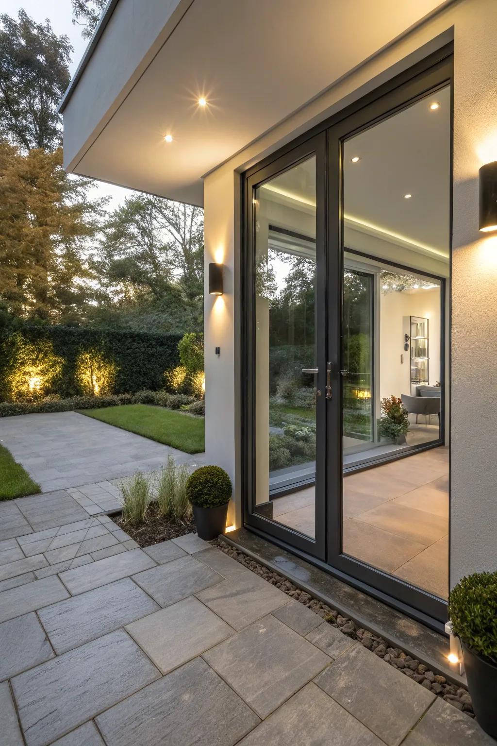 Refined flush lighting enhances a modern back door design.