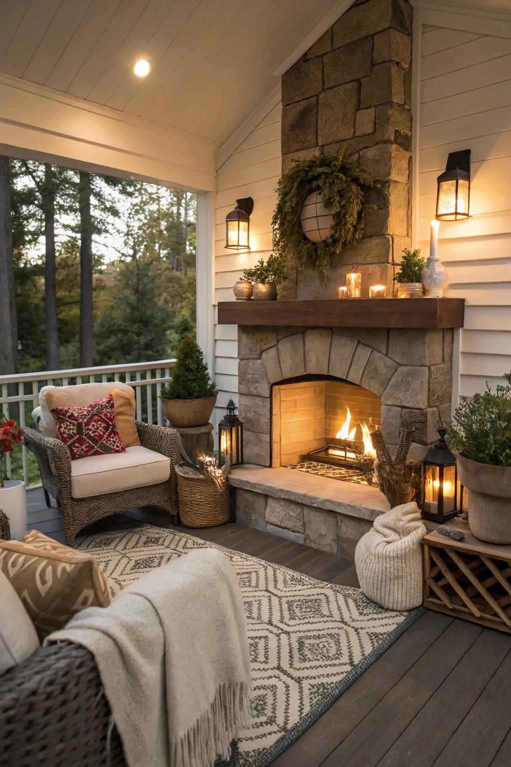 Savor cozy evenings beside the porch fireplace.