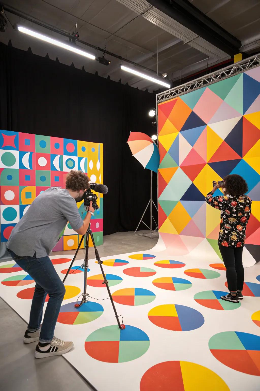 A studio that incorporates a bold geometric background pattern and vibrant accents.