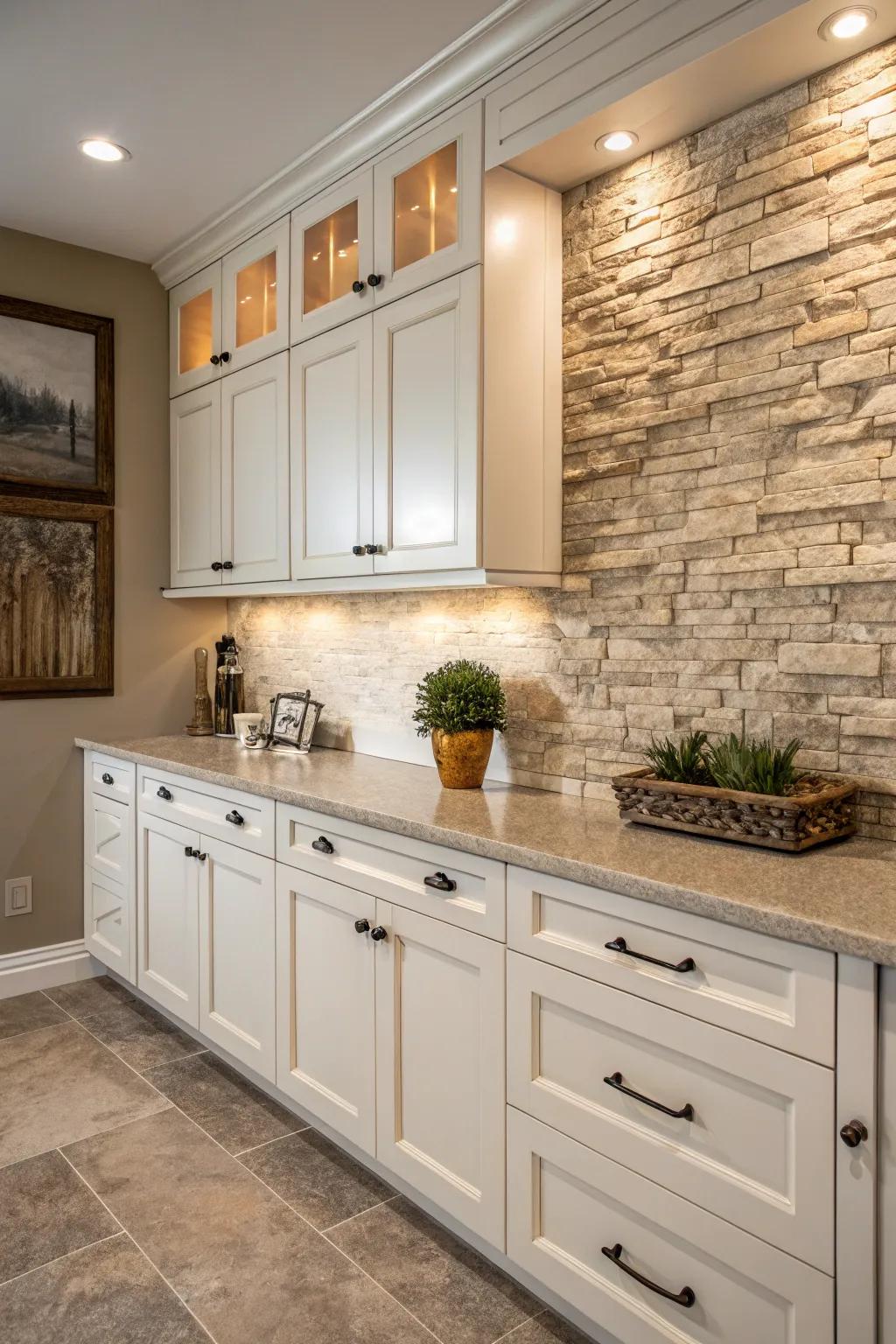 Textured stone tiles infuse the kitchen with depth and warmth