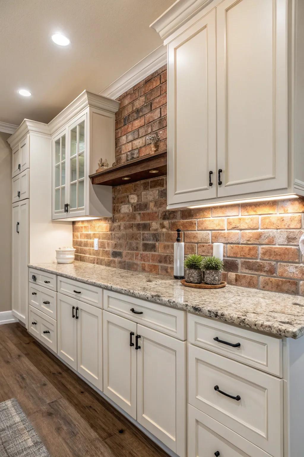 The rustic allure of a brick backsplash heightens the welcoming feel of the kitchen.