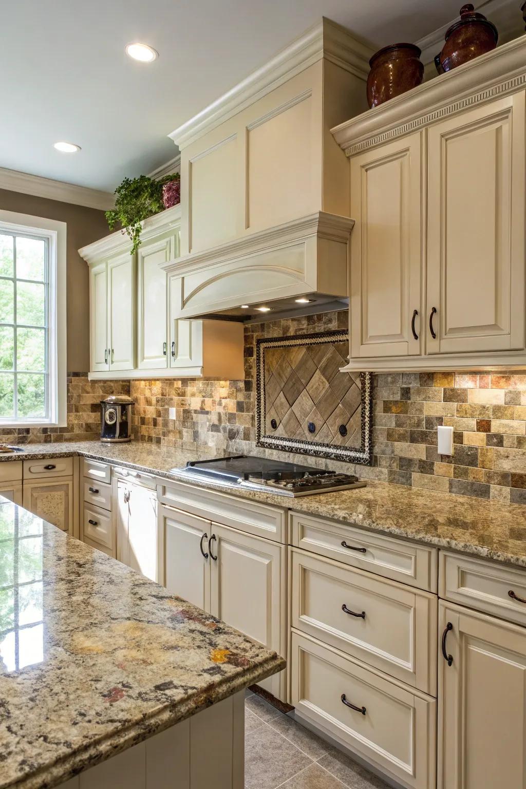 Uninterrupted color coordination between backsplash and granite countertops.