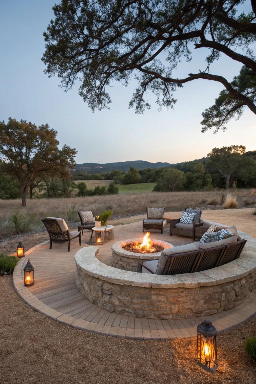 An enthralling hearth arrangement upon crushed rock fines, ideal for get-togethers.