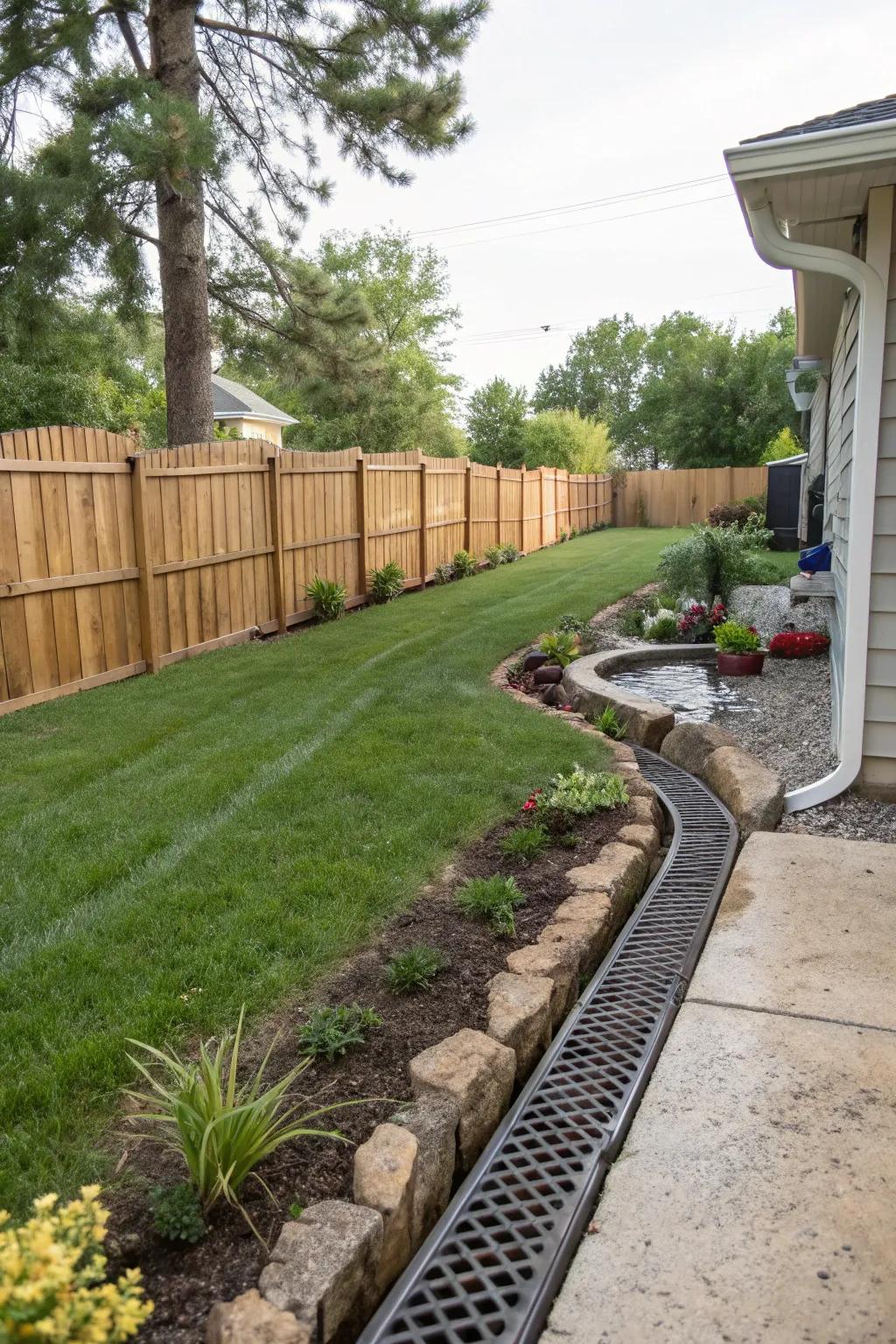 A carefully positioned French drain maintaining a dry and vibrant backyard.
