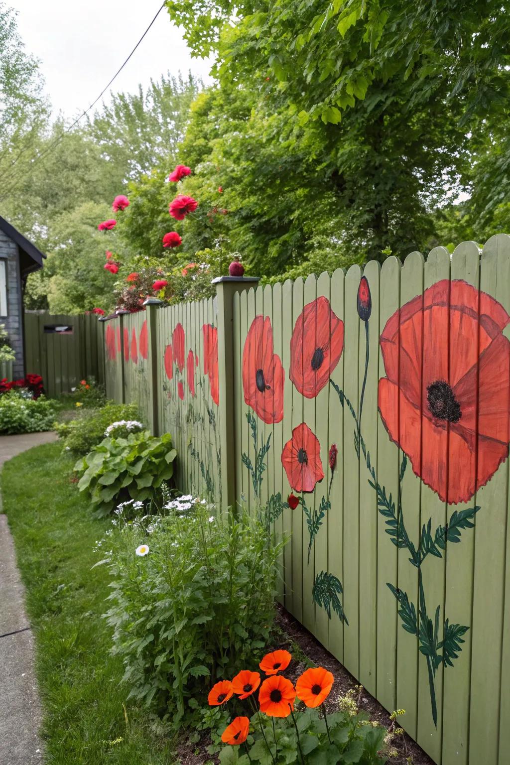 Poppies painted on a fence introduce a striking, artistic touch.