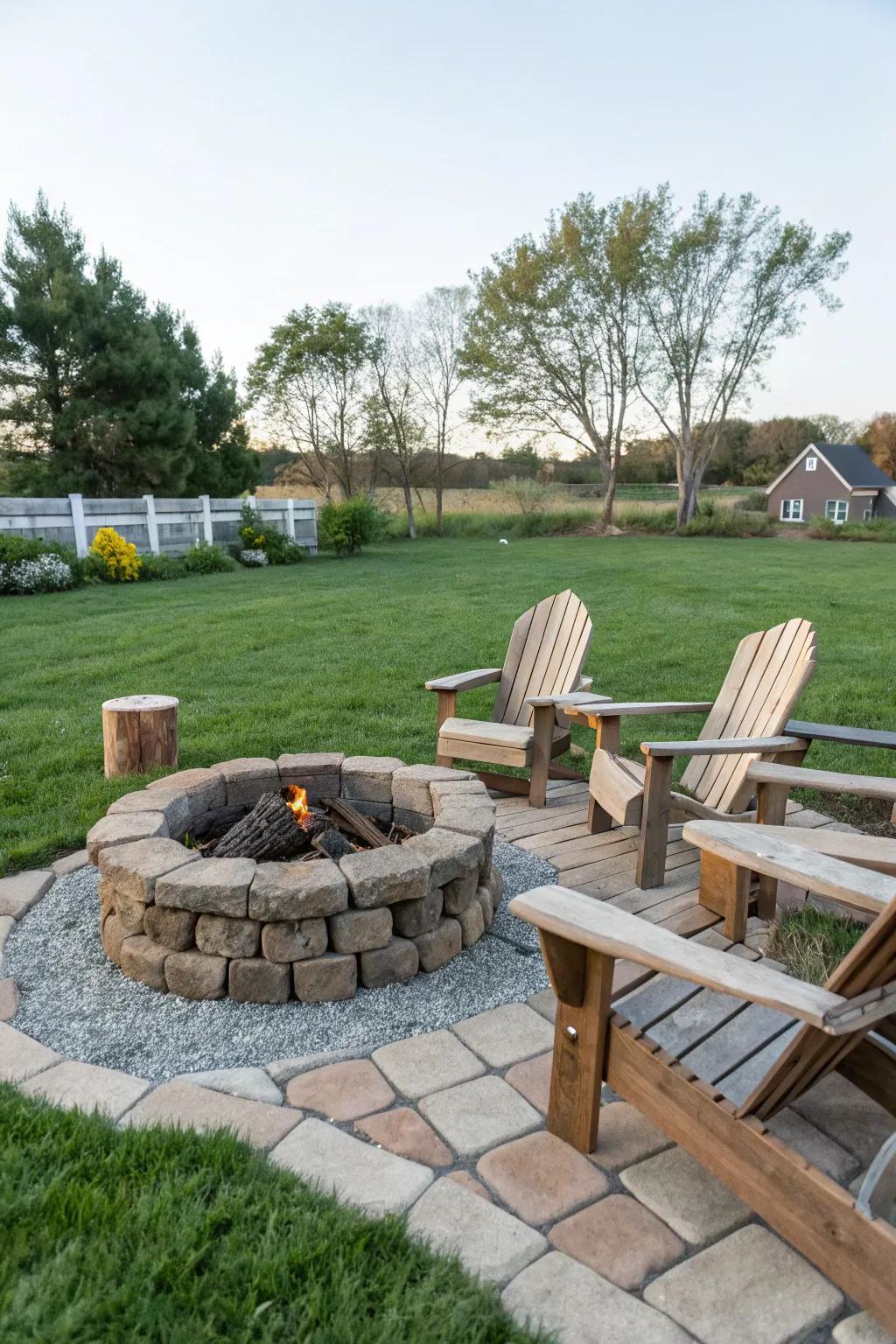 A simple fire pit provides warmth and serves as a focal point for outdoor gatherings.