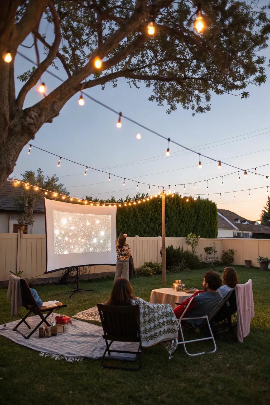 To enhance your backyard movie setting, use string lights to create a magical atmosphere.