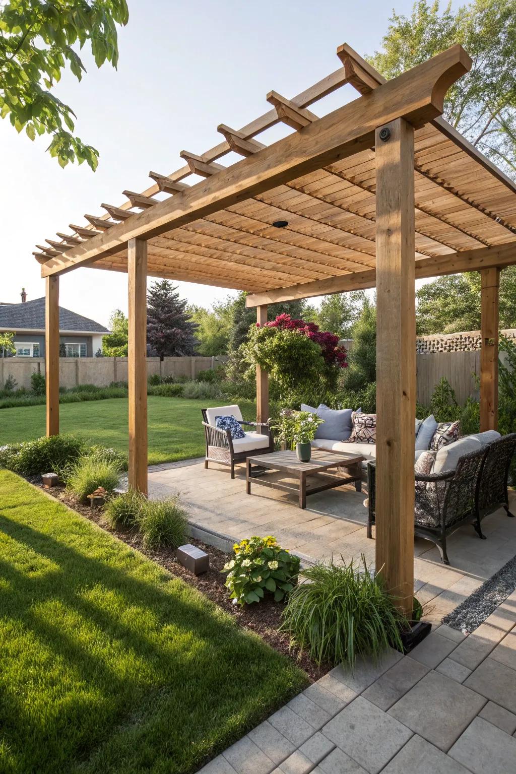 Unwind in vogue with pergola posts that provide both shade and charm.