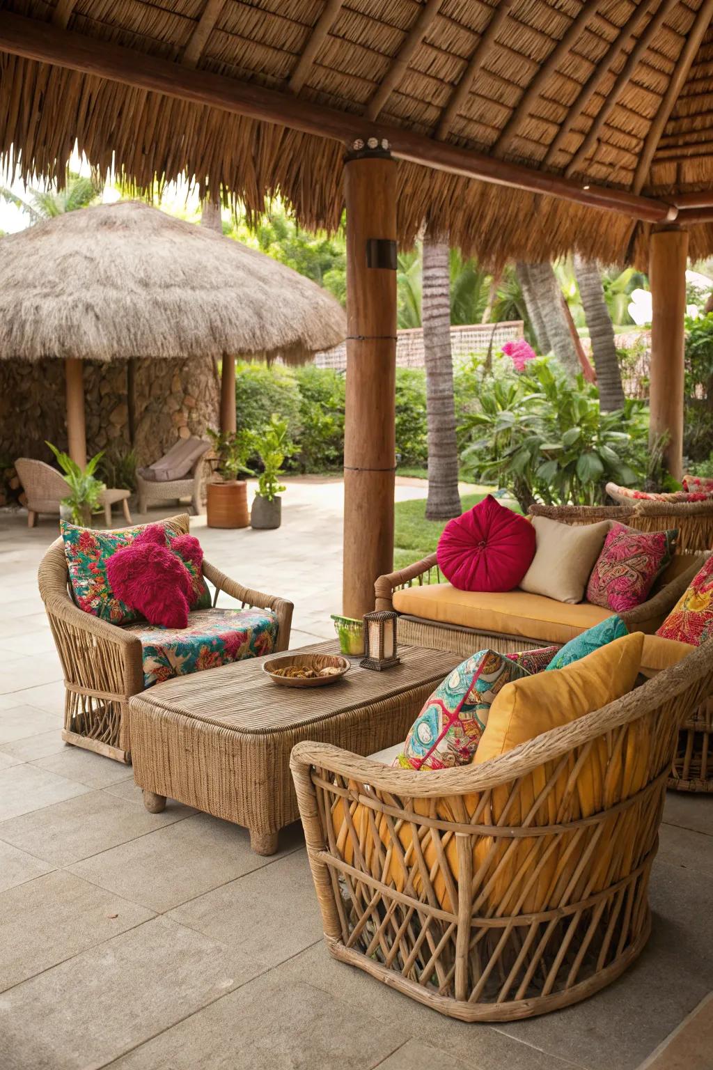 Relax in style with a comfortable lounge area under your tiki hut.