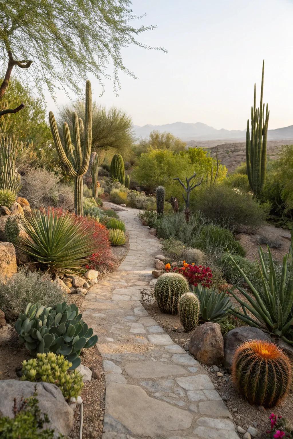 A backyard trail displaying an array of succulents and desert flora.