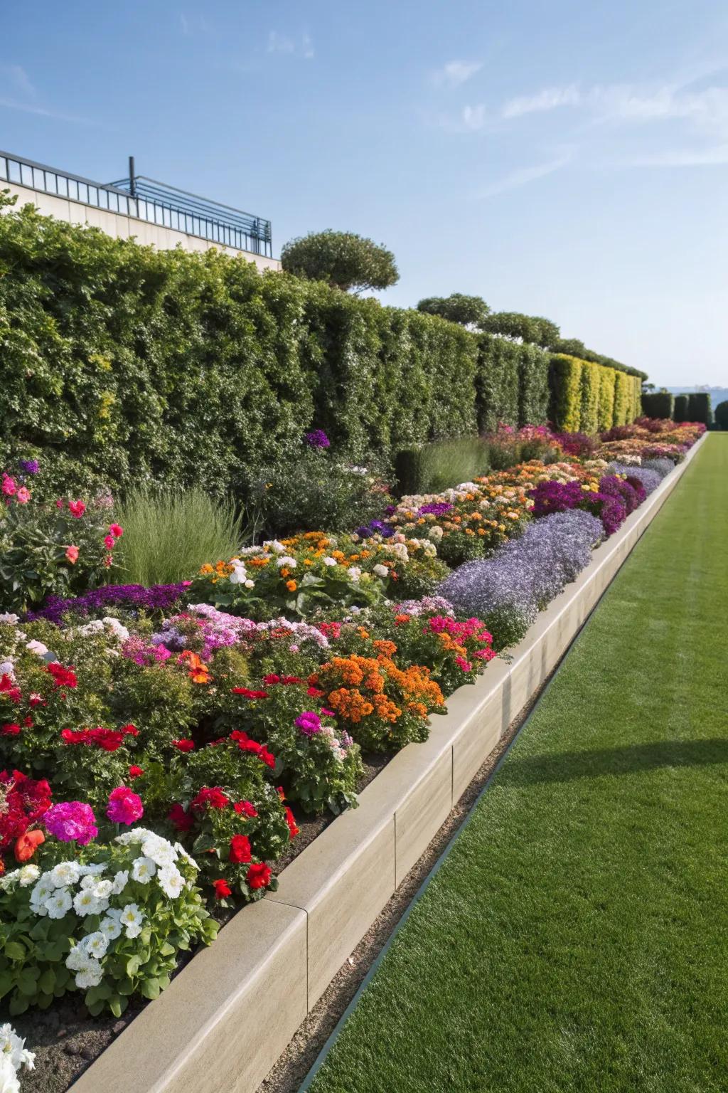 Floral displays highlighted by vibrant artificial turf.