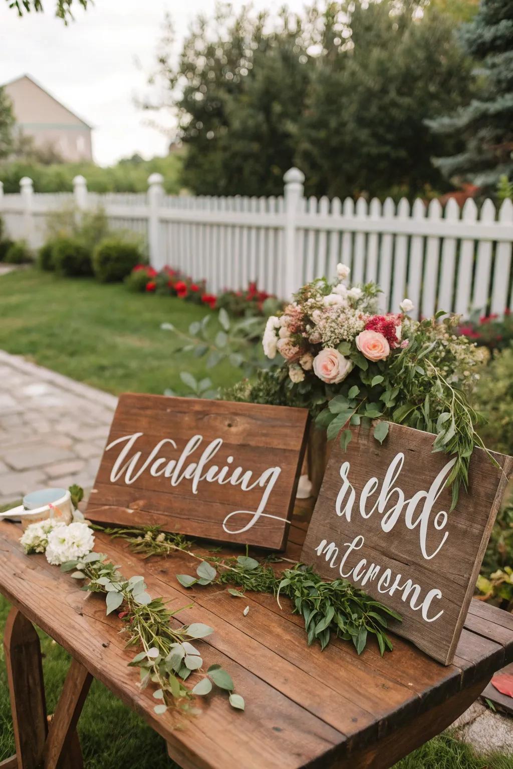 Country-style timber markers incorporate charm and direction for wedding attendees.