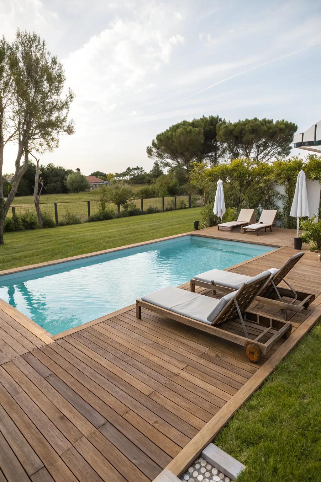 Wooden decking enriches your pool space with warmth and flair.