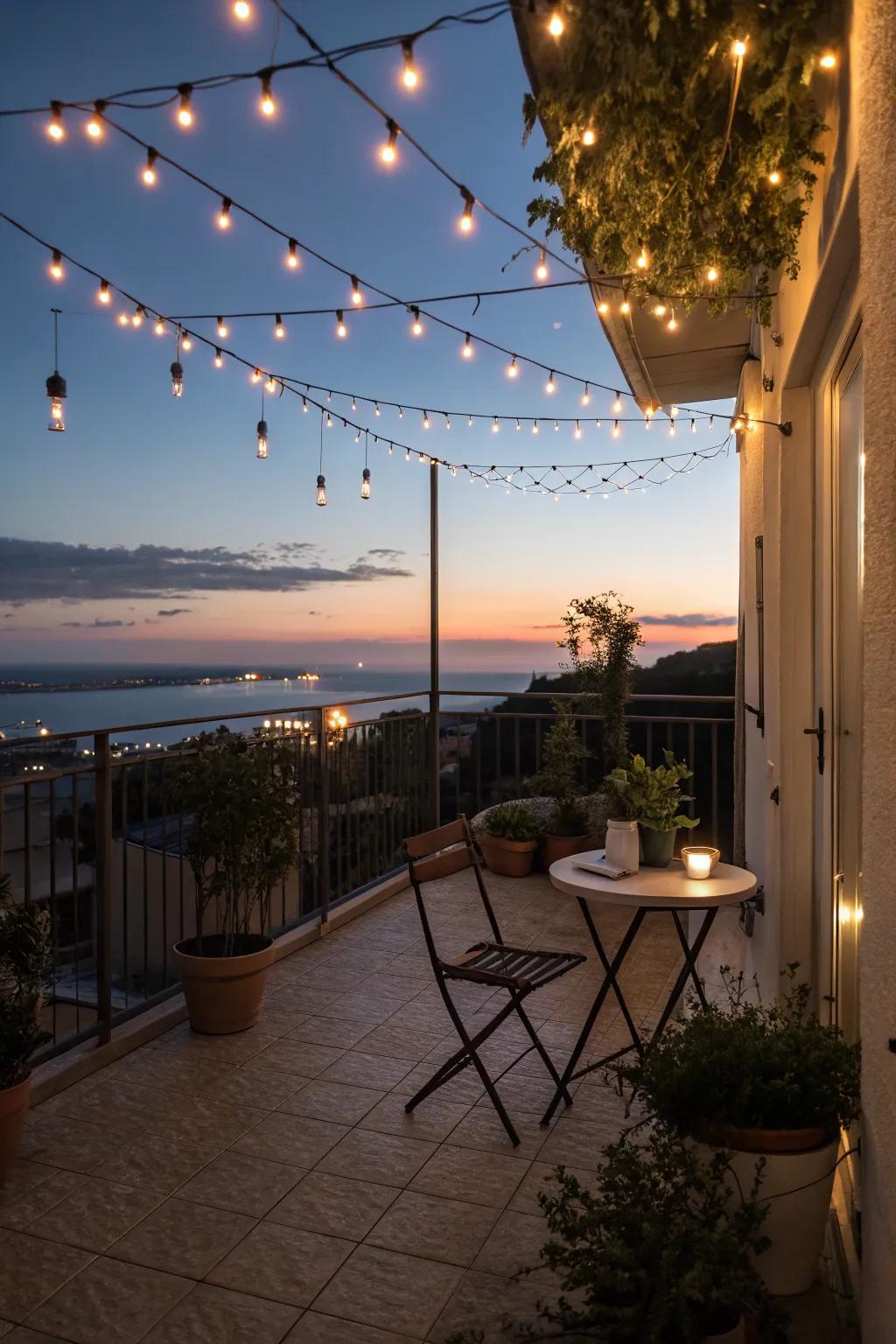 String lights bring a touch of enchantment and warm radiance to your balcony.