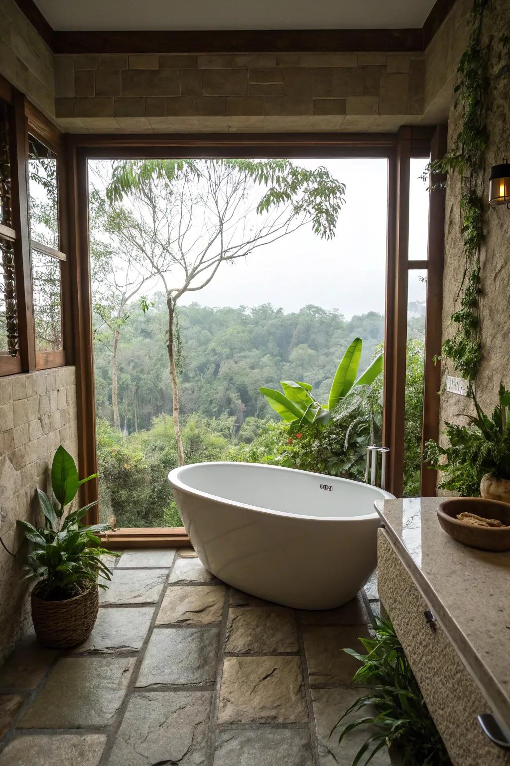 A freestanding bathtub arranged to capitalize on views of nature.