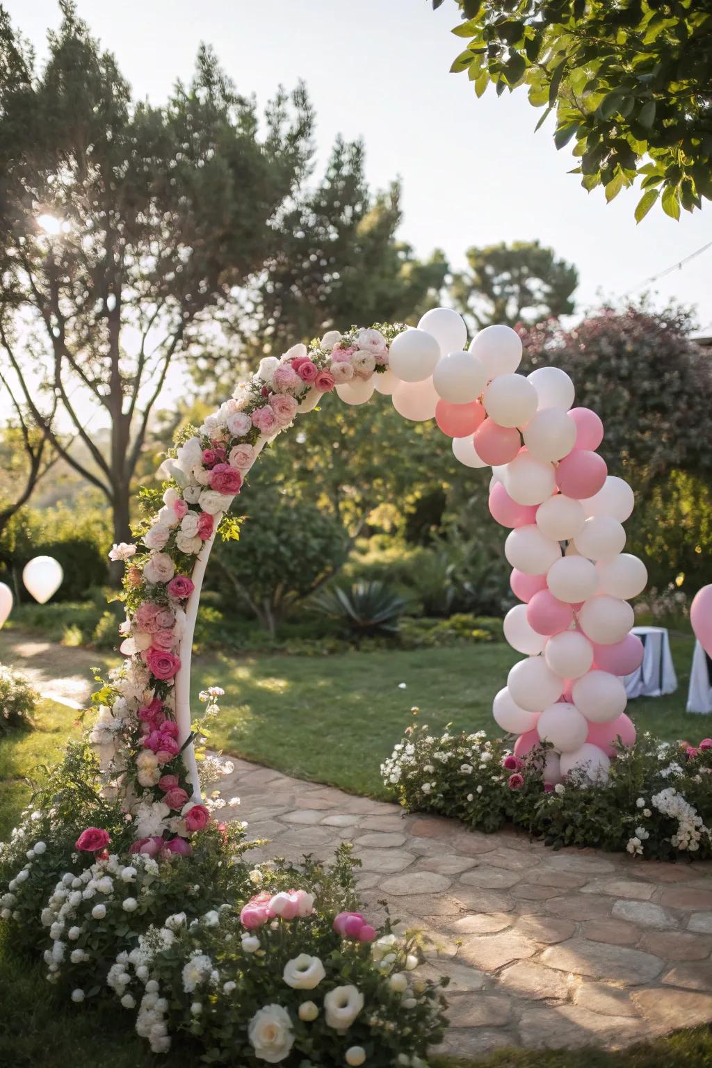 Flowers contribute an elegant touch to balloon hoops.