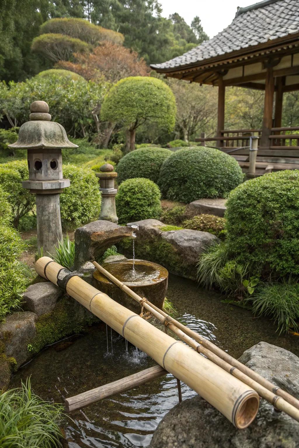 An authentic Shishi Odoshi fountain making rhythmic sounds in a garden.