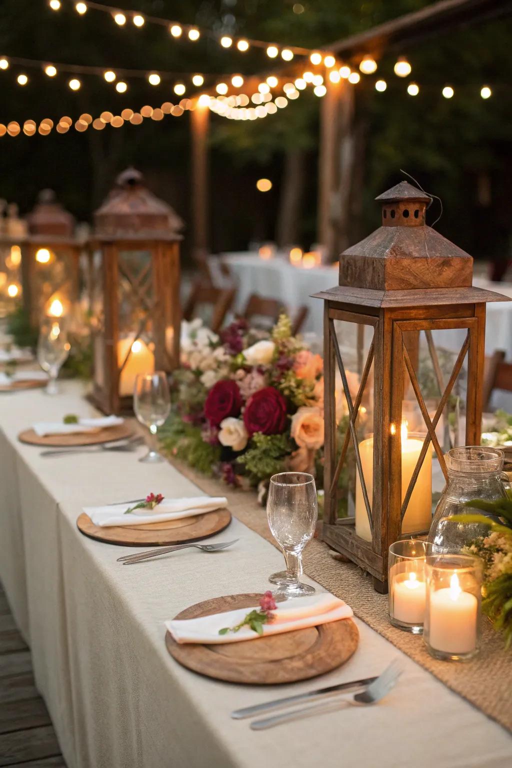 Rustic lanterns projecting an enchanting radiance onto the table.