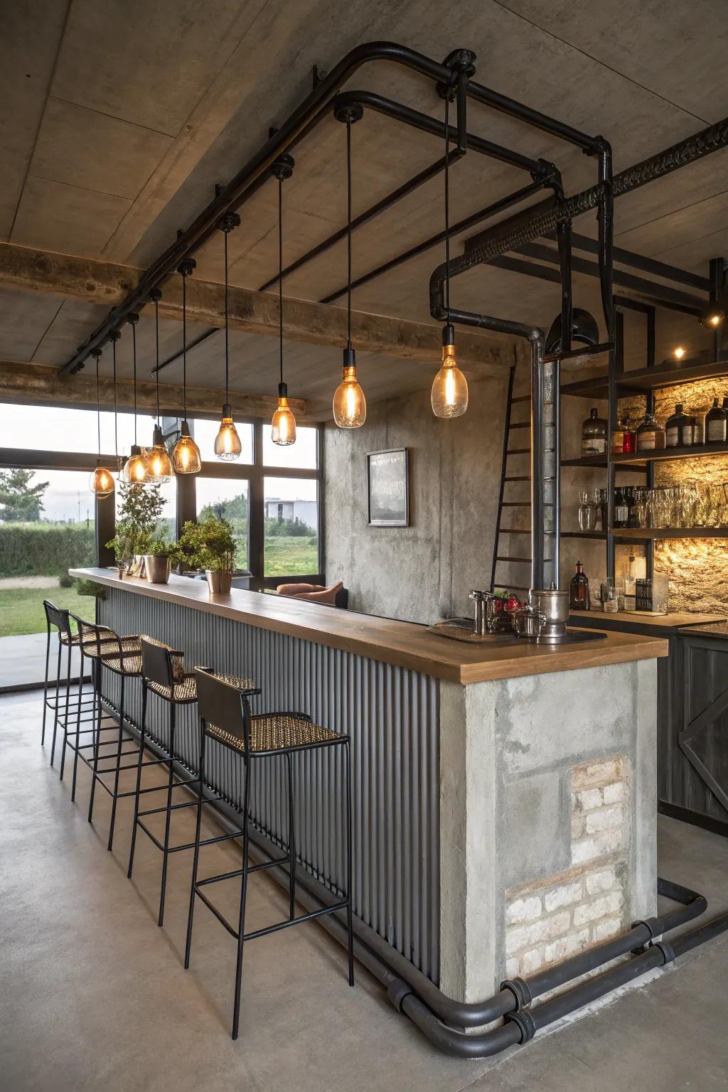 Industrial-themed home bar featuring metal and concrete elements.