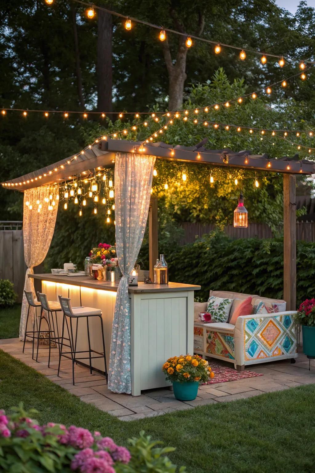 String lights fashion a magical atmosphere within an outdoor bar setting.