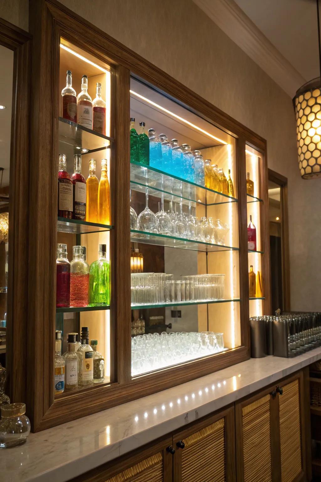 Backlit mirrors bring a bit of magic to your personal home bar.