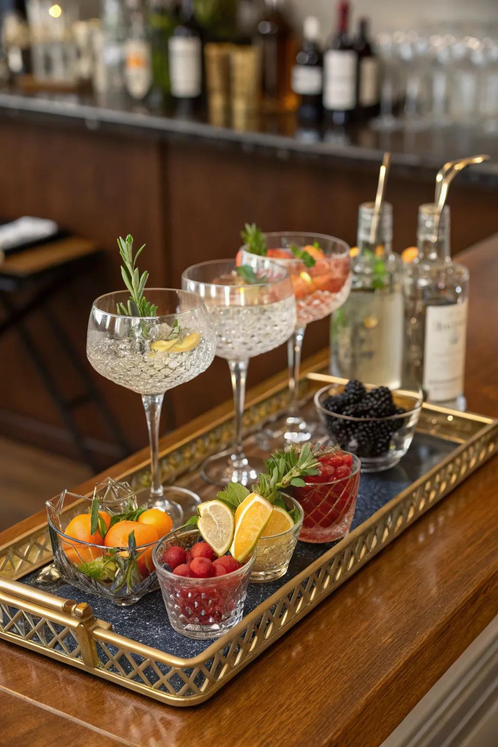 Ornamental platters ensure your bar is both chic and well-organized.