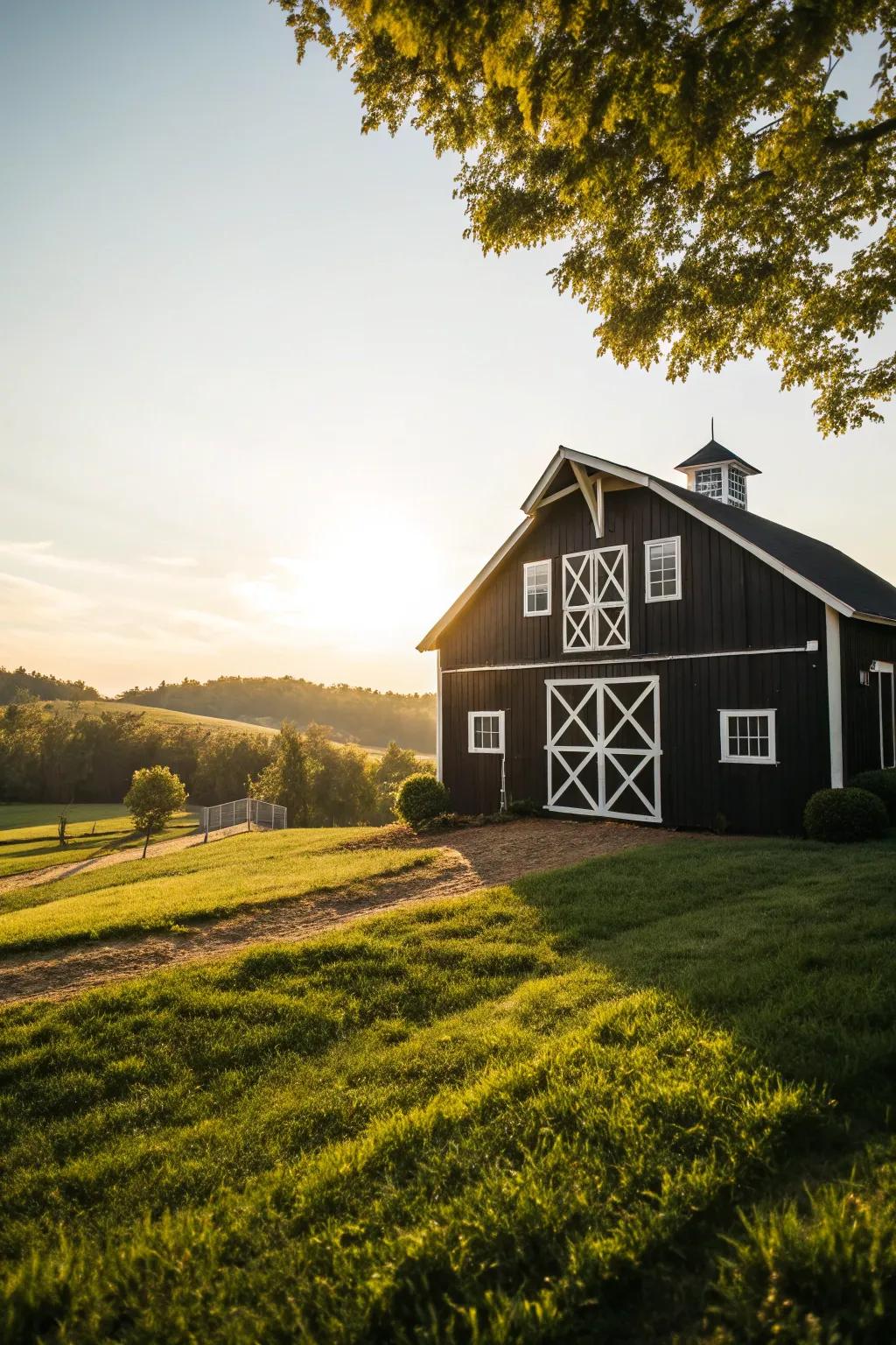 A barn with contrasting trim that highlights its architectural features.
