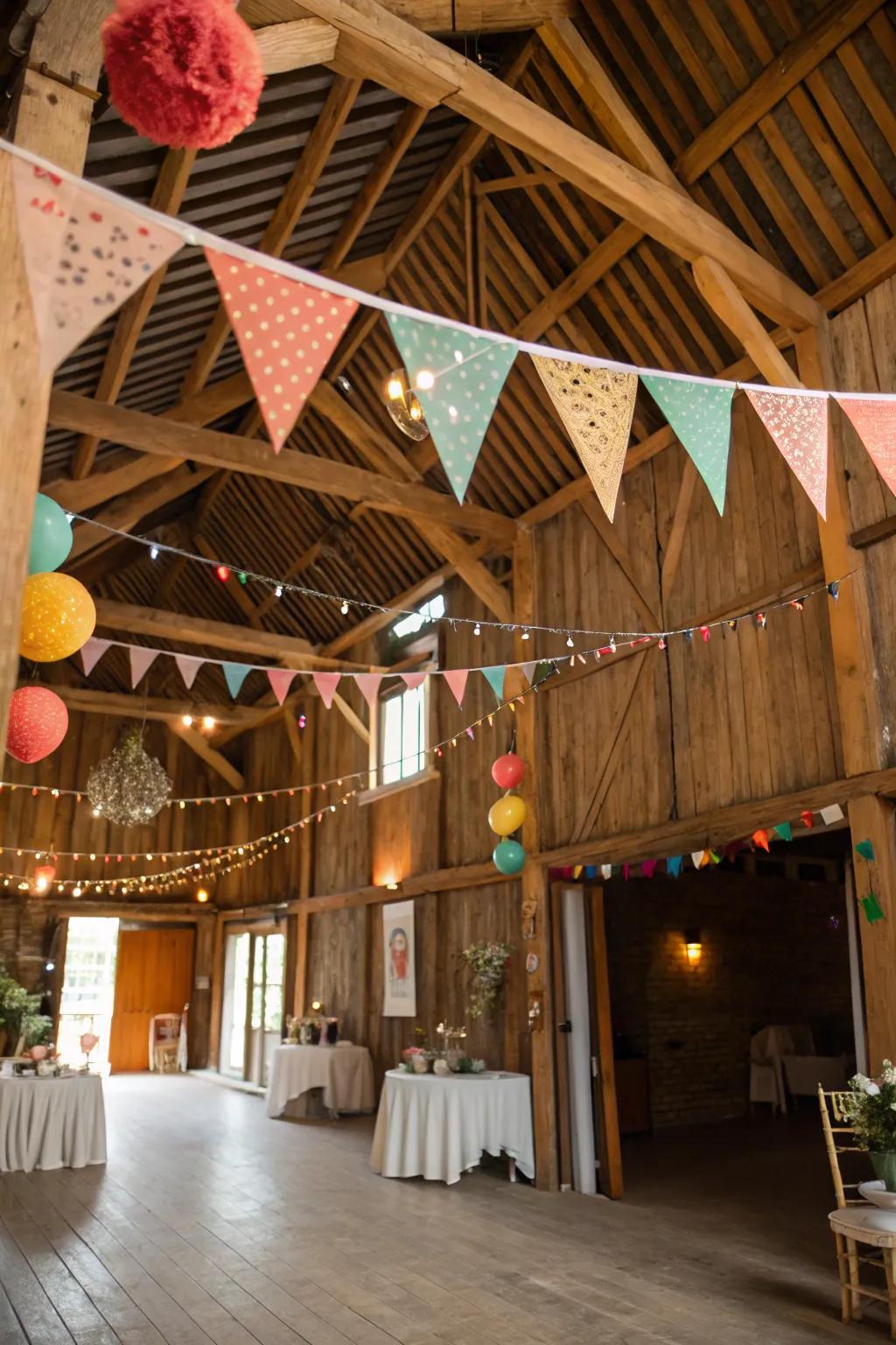 Pennant banners introduce a spirited and festive touch to the barn.