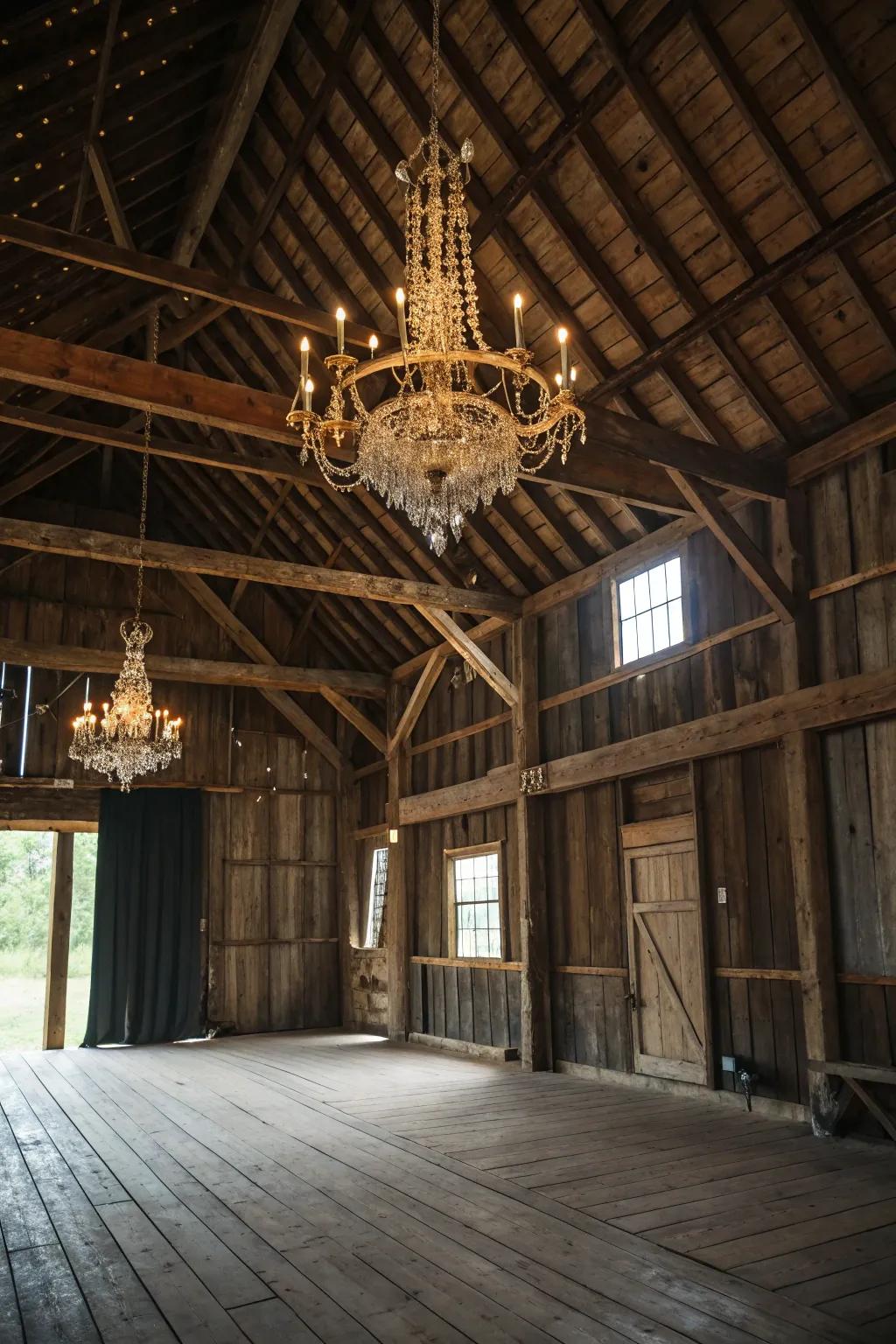 Chandeliers infuse refinement into rural barn environments.