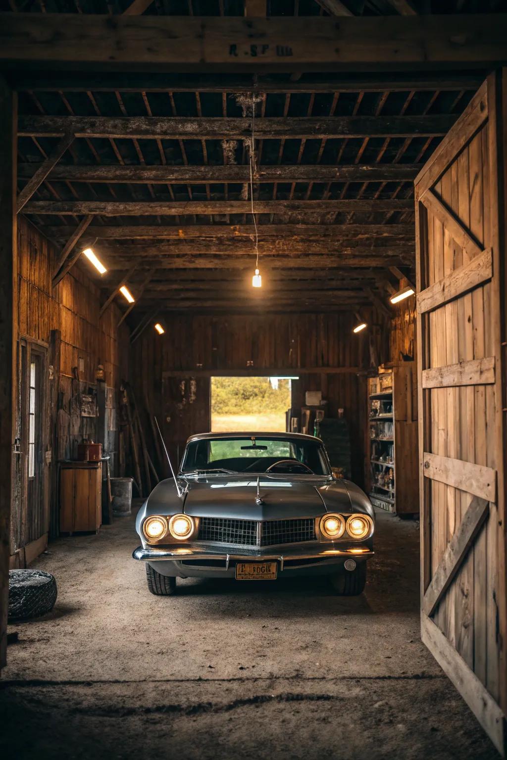A vintage car becomes a striking centerpiece within this barn garage.