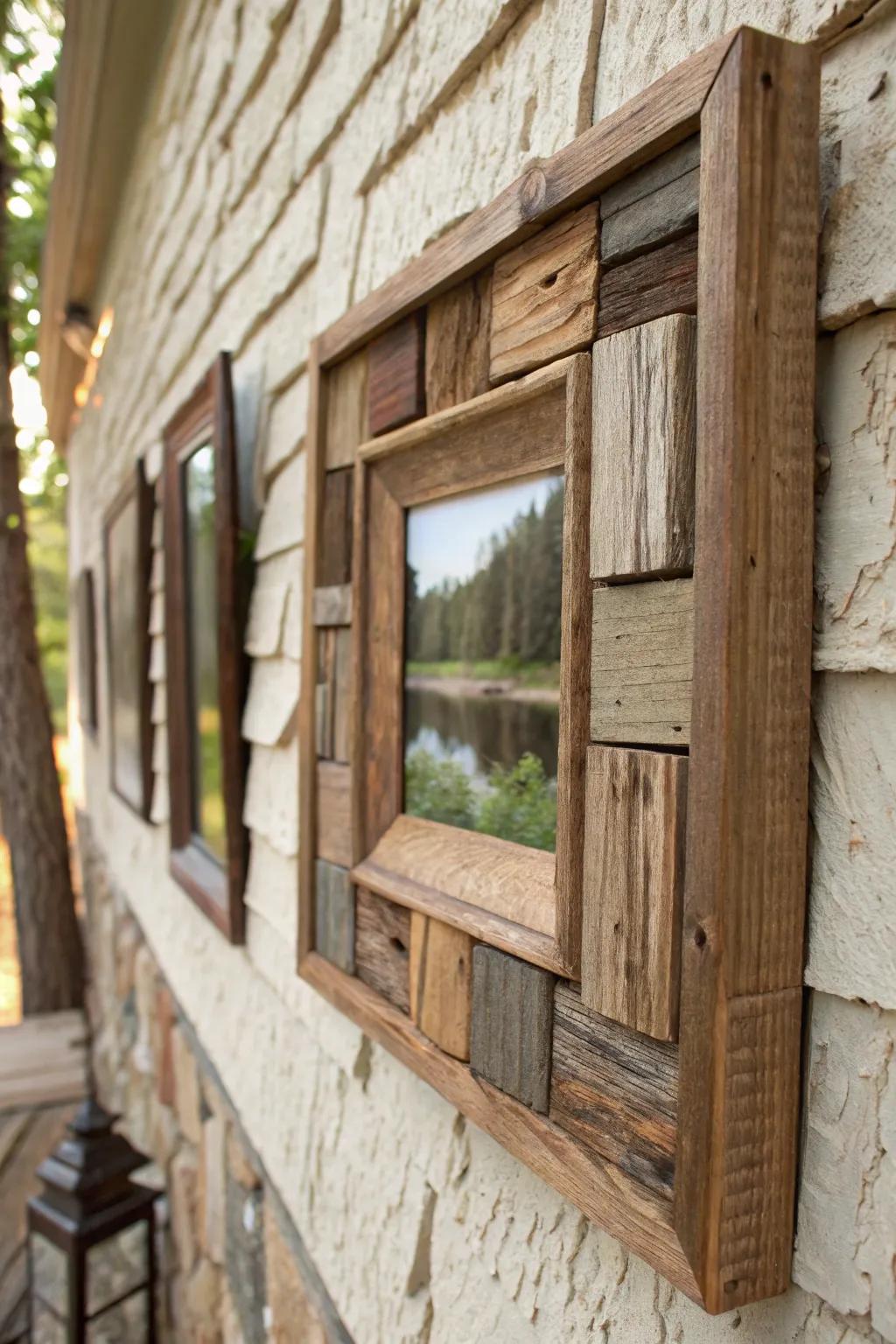 A non-uniform repurposed wood-look frame with layered design.