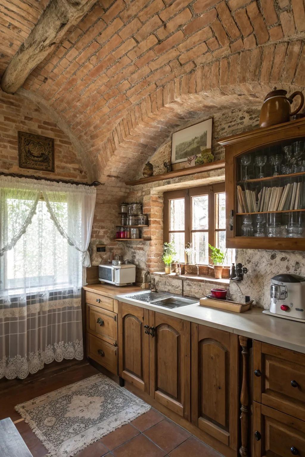An earthy cooking space elevated by a revealed brick arched ceiling.