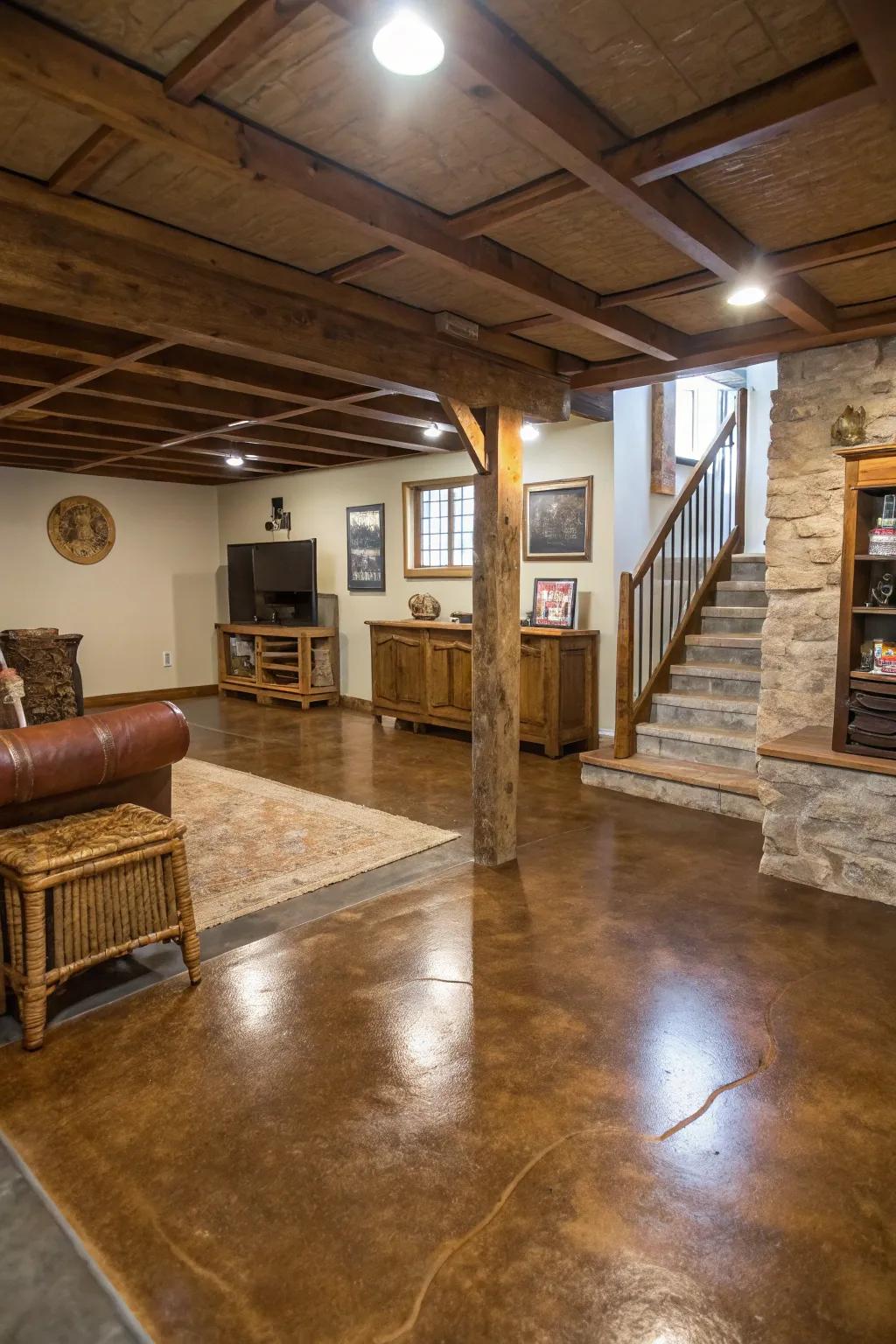 Unique staining infuses concrete floors with depth and color, elevating rustic decor.