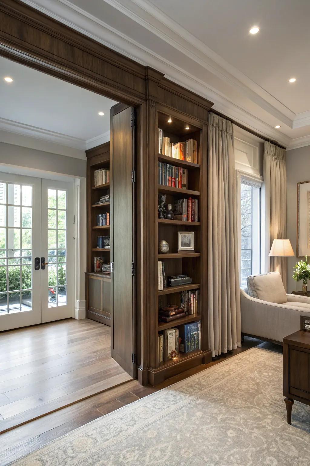 A hidden door incorporated into a bookcase provides a creative and space-efficient entrance to the basement.