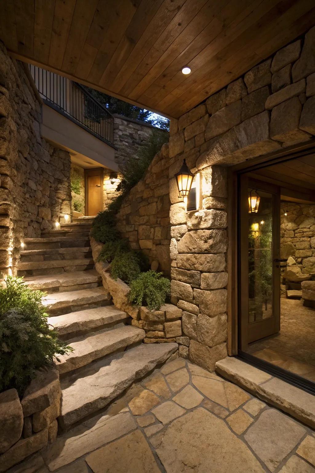 Earthy stone infuses the basement entryway with rustic allure.