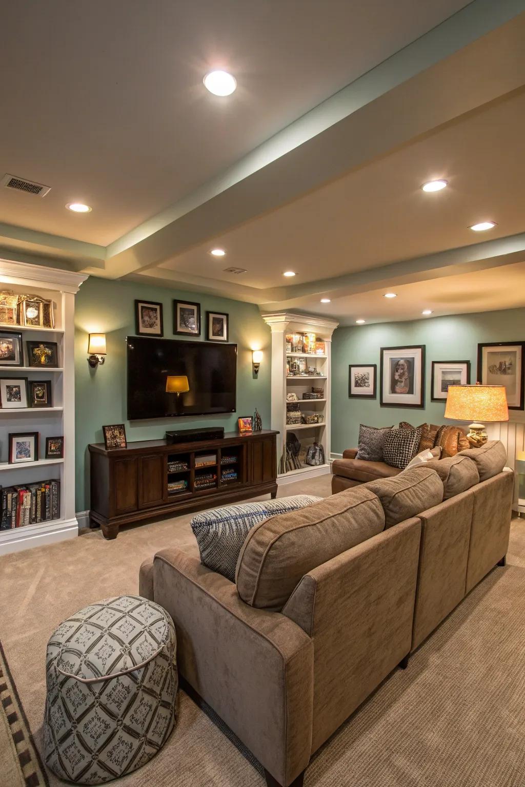 Layered lighting brightens and warms this chic basement area.