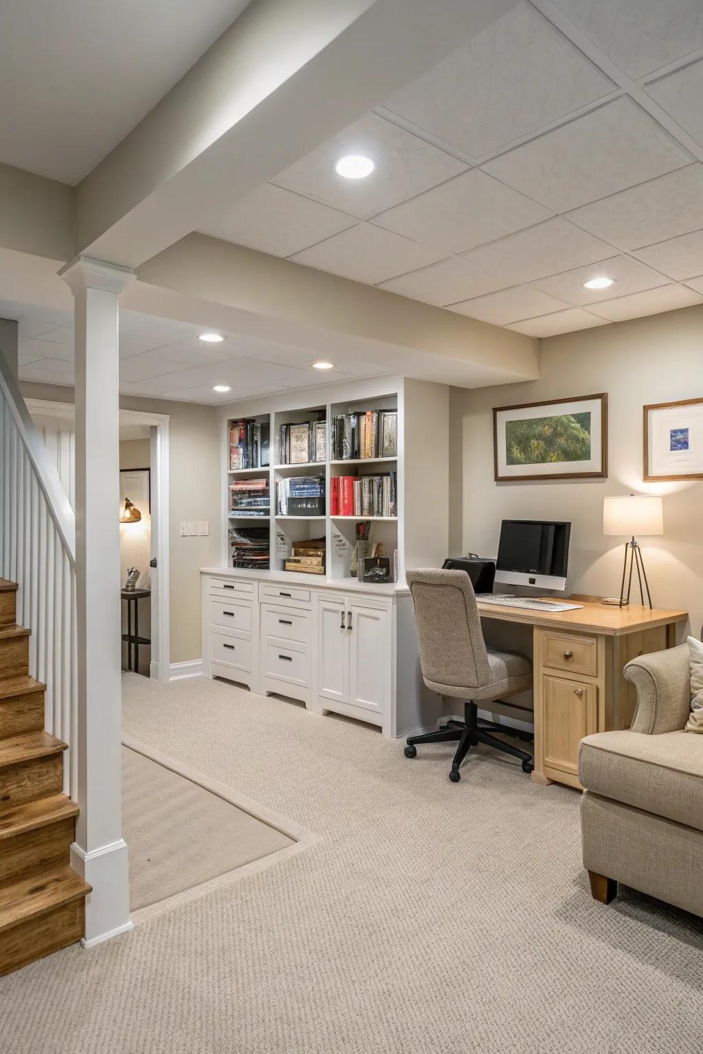 A room without windows can feel open and inviting with light colors.