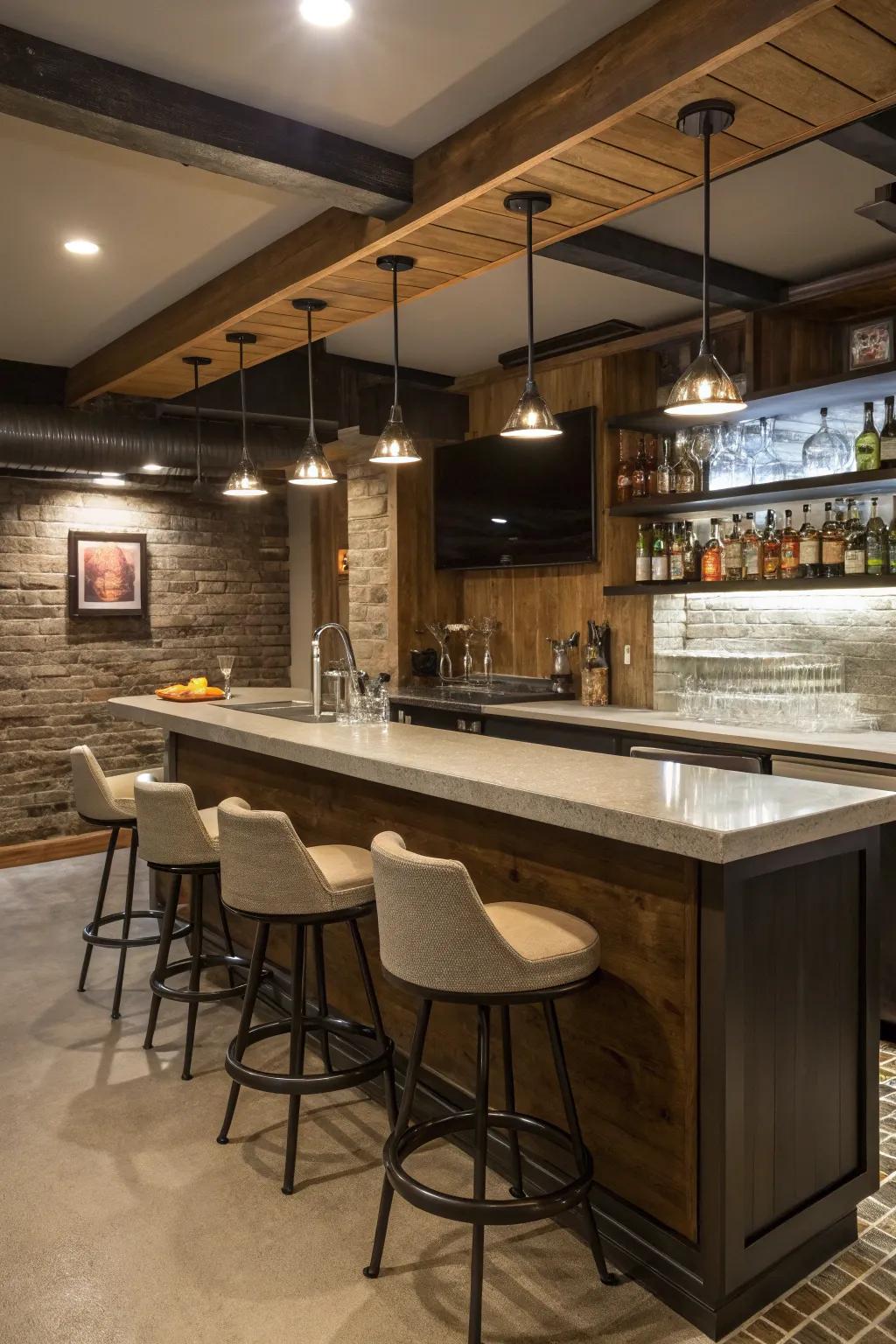A chic wet bar in the basement featuring sleek countertops and ambient lighting.