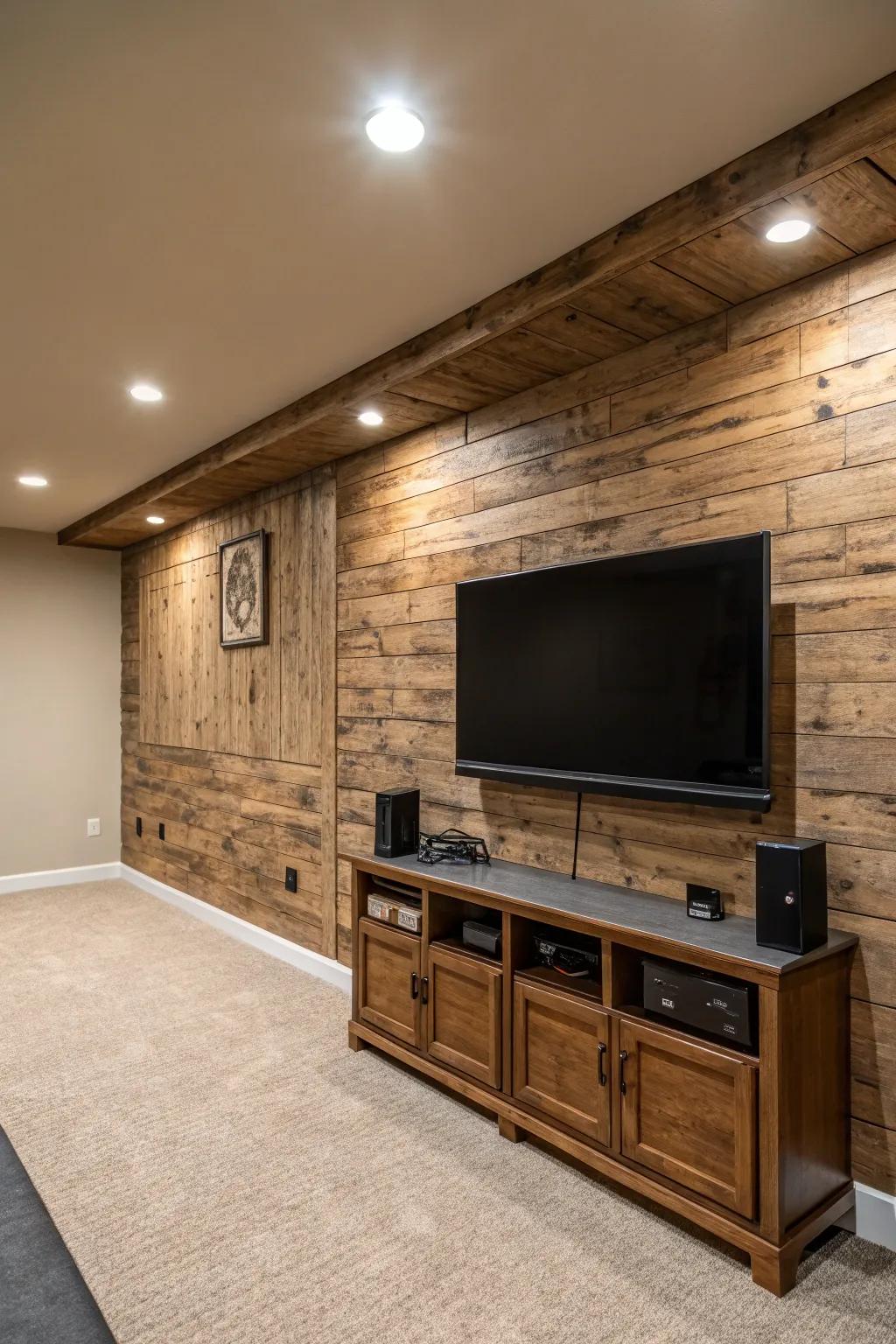 A basement TV wall showcasing a textured wood accent wall that imparts coziness and distinctiveness to the area.