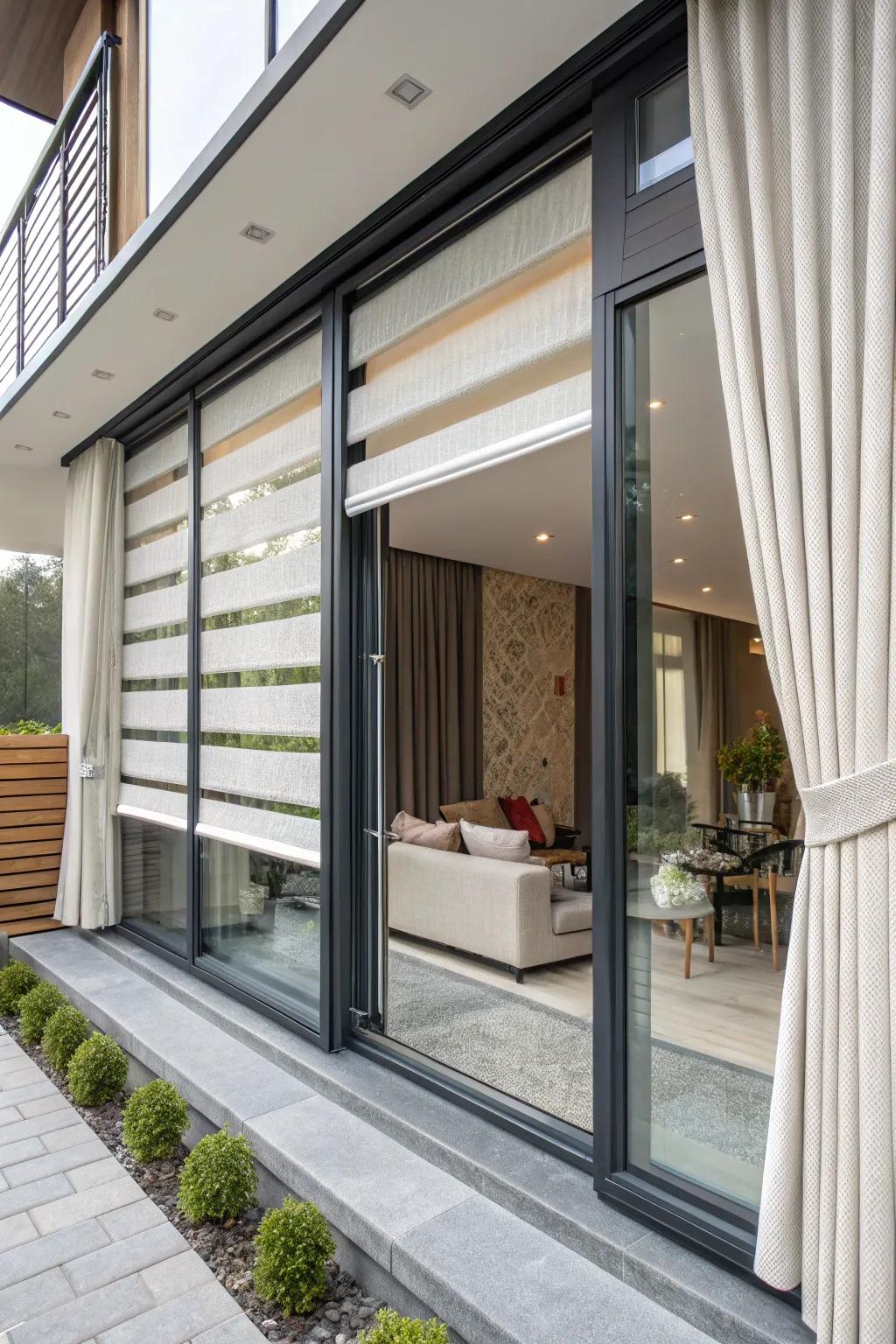 Layered coverings and blinds provide versatile light control.