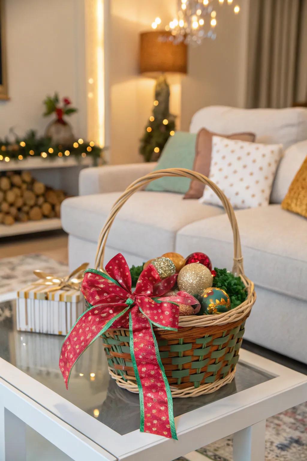 An attractive ribbon and bow provides the ideal finishing touch to a basket of joy.