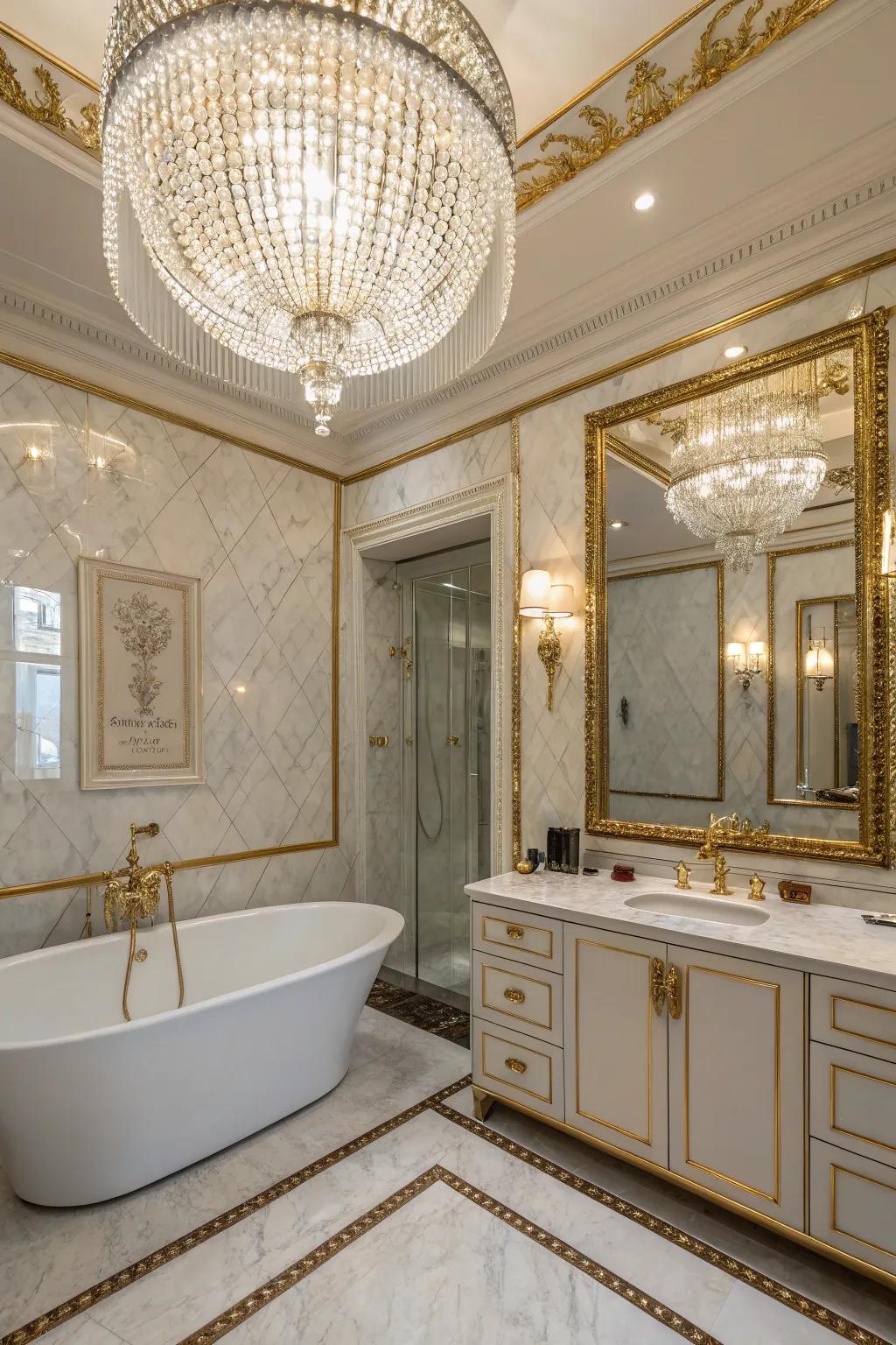 A chandelier imparts a theatrical flair, turning your bathroom into an opulent escape.
